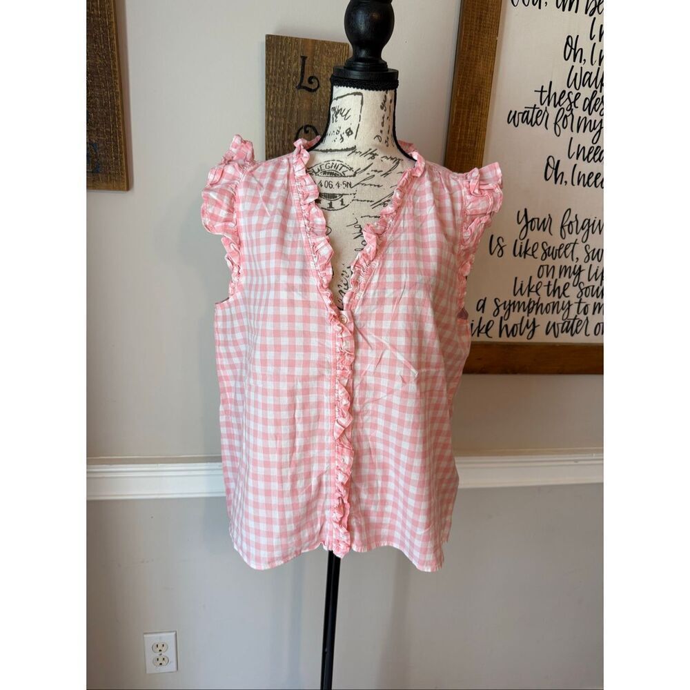 J.Crew Women's Check Gingham Button Down Ruffle Top Blouse Pink White Medium